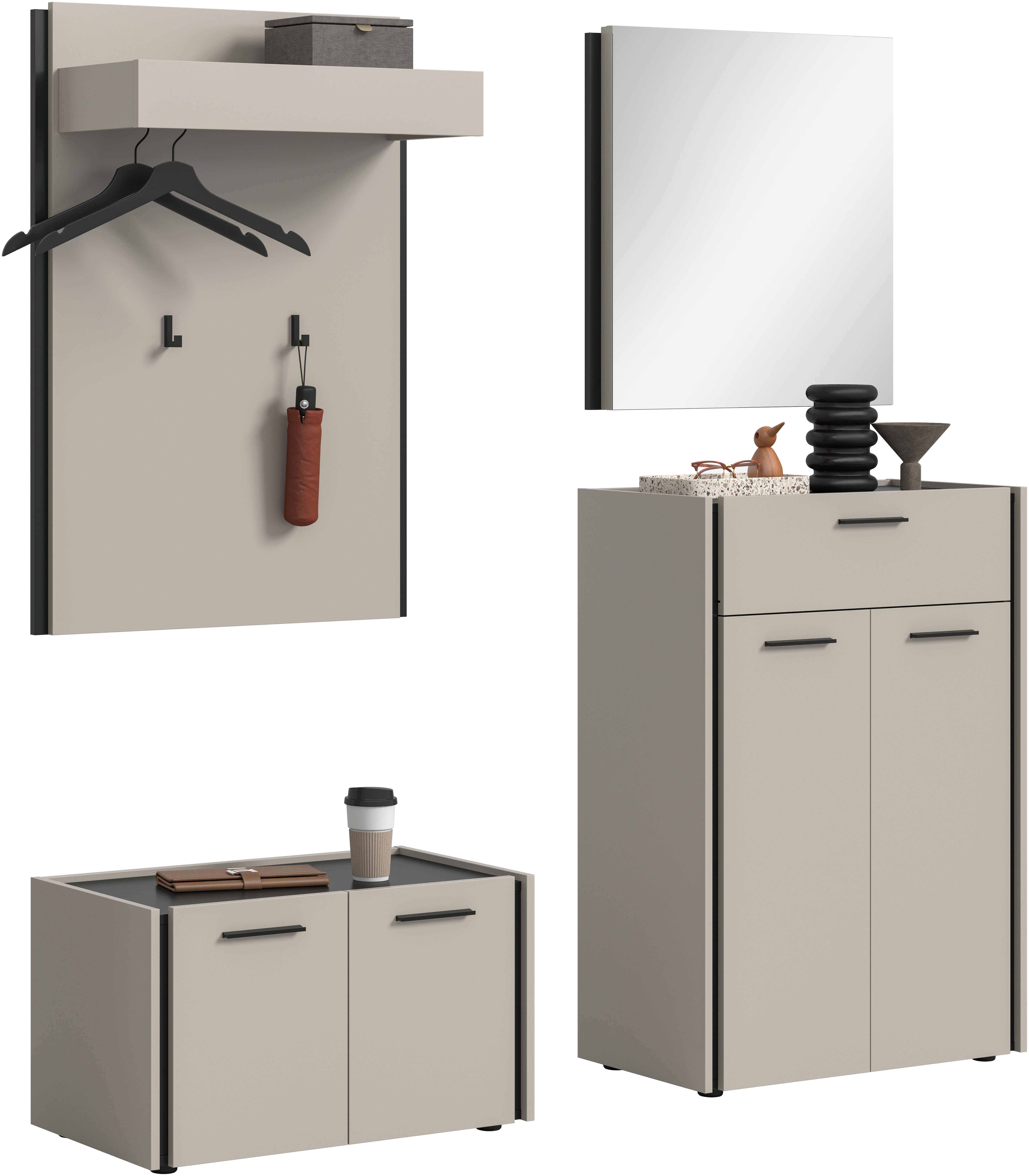 Garderoben-Set HOME AFFAIRE "RAK, 4-teilige Garderoben-Kombination, Breite ca. 165 cm", kaschmir, schwarz, B:165cm H:190cm T:40cm, Holzwerkstoff, Kastenmöbel-Sets, Garderobenkombination, Kombination, Set, Flurgarderobe, Diele