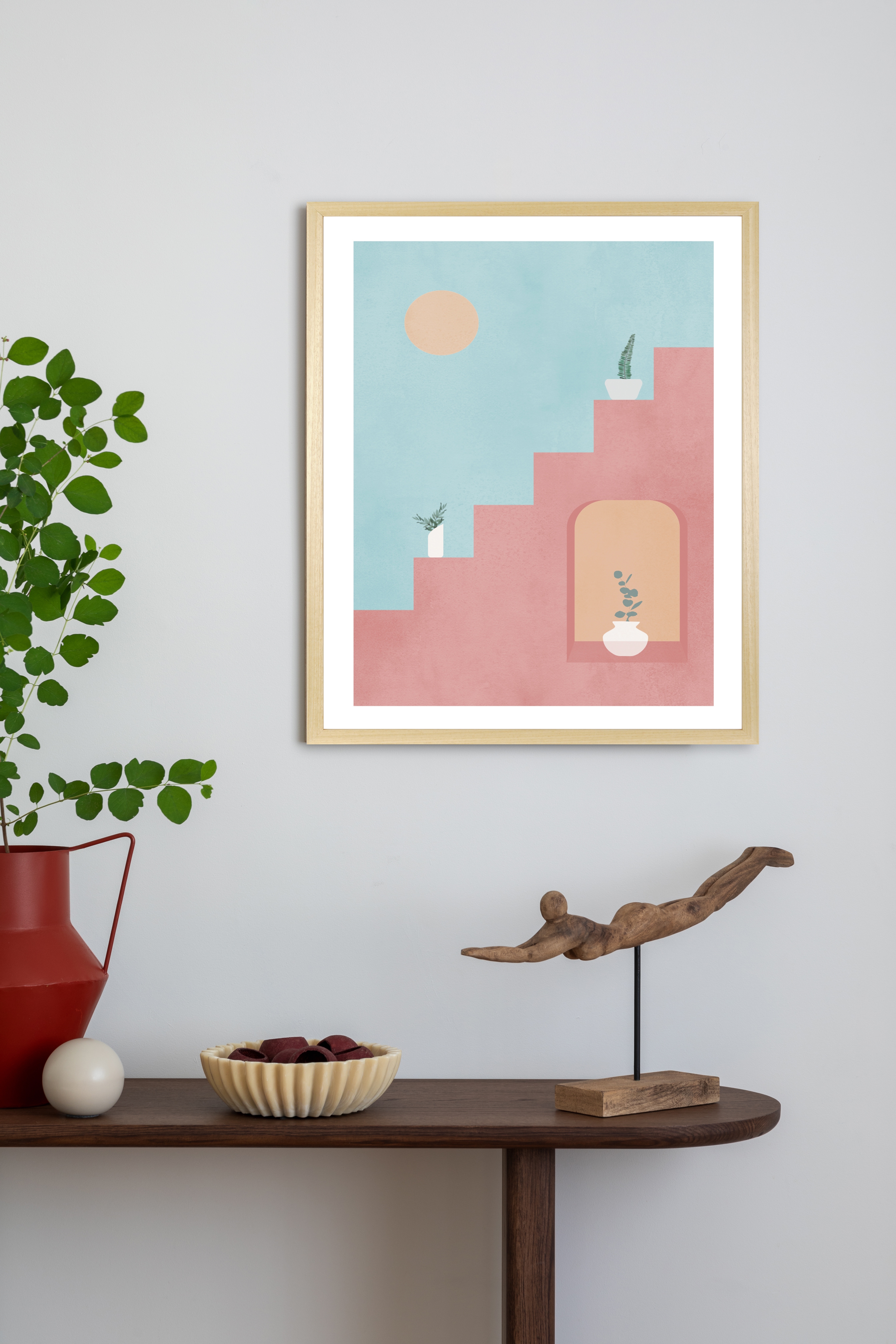 Bild mit Rahmen QUEENCE "Treppenaufgang in Spanien", farbe rahmen: braun, B:50cm H:70cm T:2,5cm, Holz, Papier, Plexiglas, Bilder, Kunstdruck in Pastell mit einem Echtholzrahmen