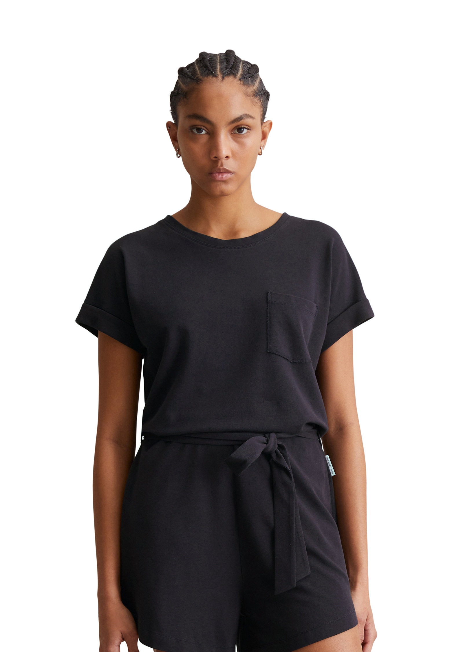 Overall MARC O'POLO DENIM "aus Piqué-Jersey", Damen, Gr. XXL, Normalgrößen, blau depths, Obermaterial: 95% Baumwolle, 5% Elasthan, unifarben, relaxed fit kurz, Rundhals, Umschlagbund, Overalls Overall