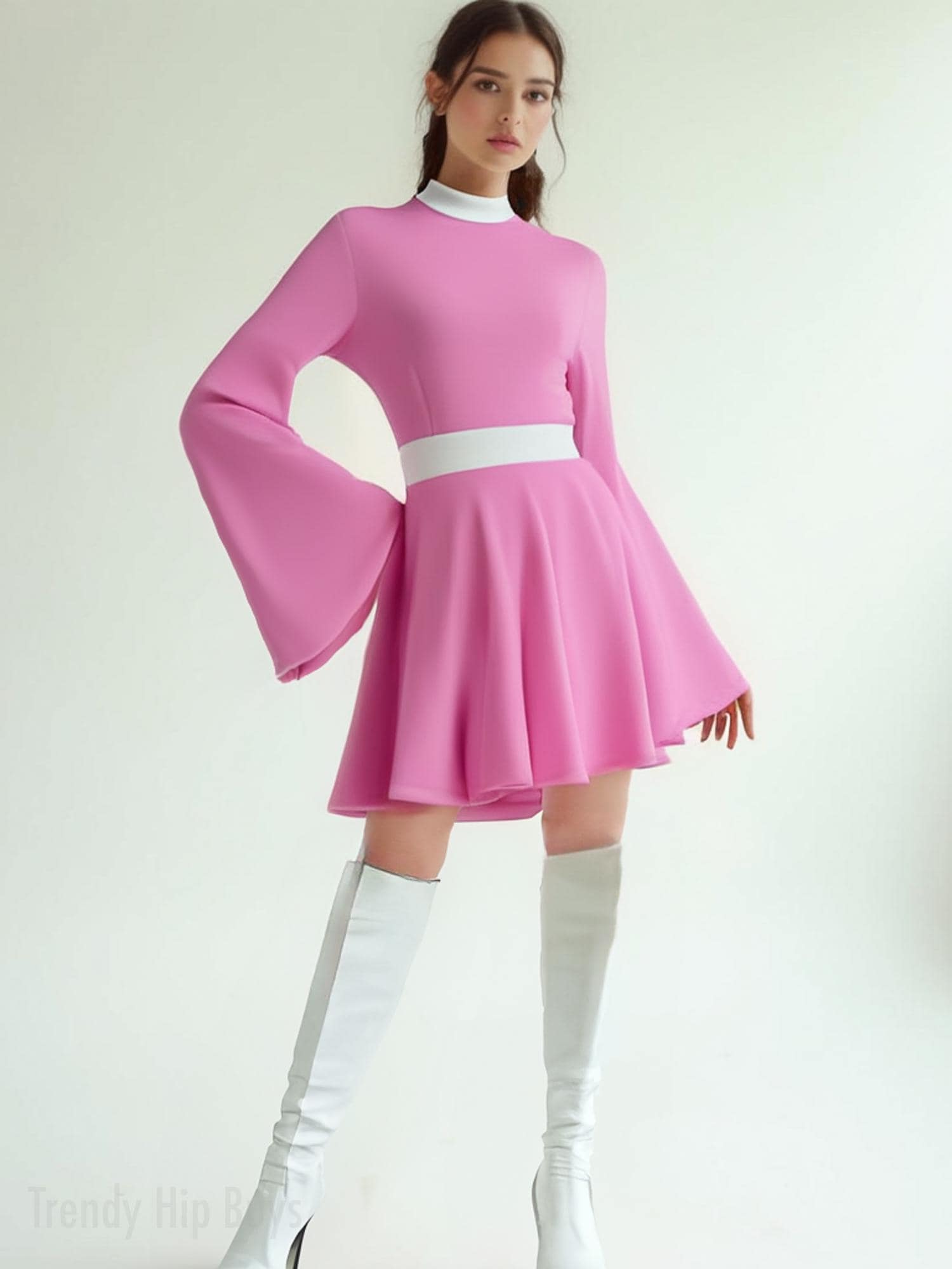 70er Jahre Kleidungsstil | Vintage 70er Jahre Chiffonkleider | 70er Style rosa Kleid, 70er Jahre Kleid mit Glockenärmeln | A-Linie Mini Kleider, Boho