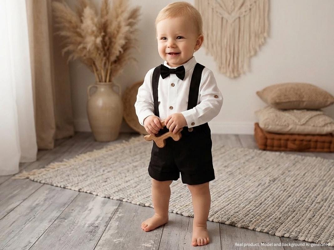 SALDI - Completo da neonato per battesimo, cerimonia, matrimonio o paggetto - Completo in lino nero a 2 pezzi: pantaloncini con bretelle e papillon