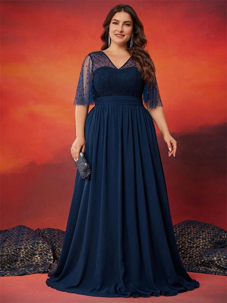 Plus Size Luxus V-Ausschnitt Chiffon Blau Abendkleid Damen Elegant V-Rücken Hochzeit Party Langes Abschlussball-Cocktailkleid