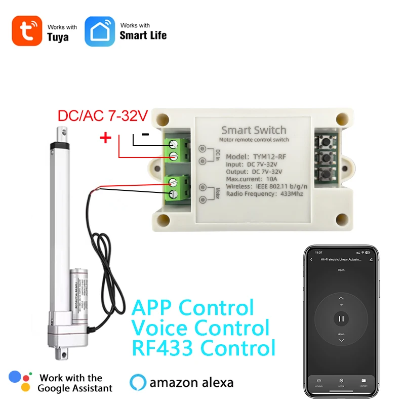 Tuya Smart Life Wifi Elektrischer Linearantrieb Motorcontroller, DC12V 24V 32V, RF433 Fernbedienung, funktioniert mit Alexa und Google Home Image