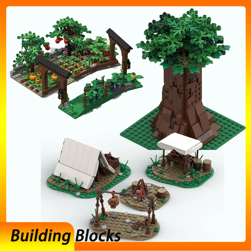 Spot MOC-169830 mittelalterliches Feldzelt, modulare Modellbausteine 130261, Bauernhaus-Gemüseplot 114311, großer Baum, kleine Partikel Image