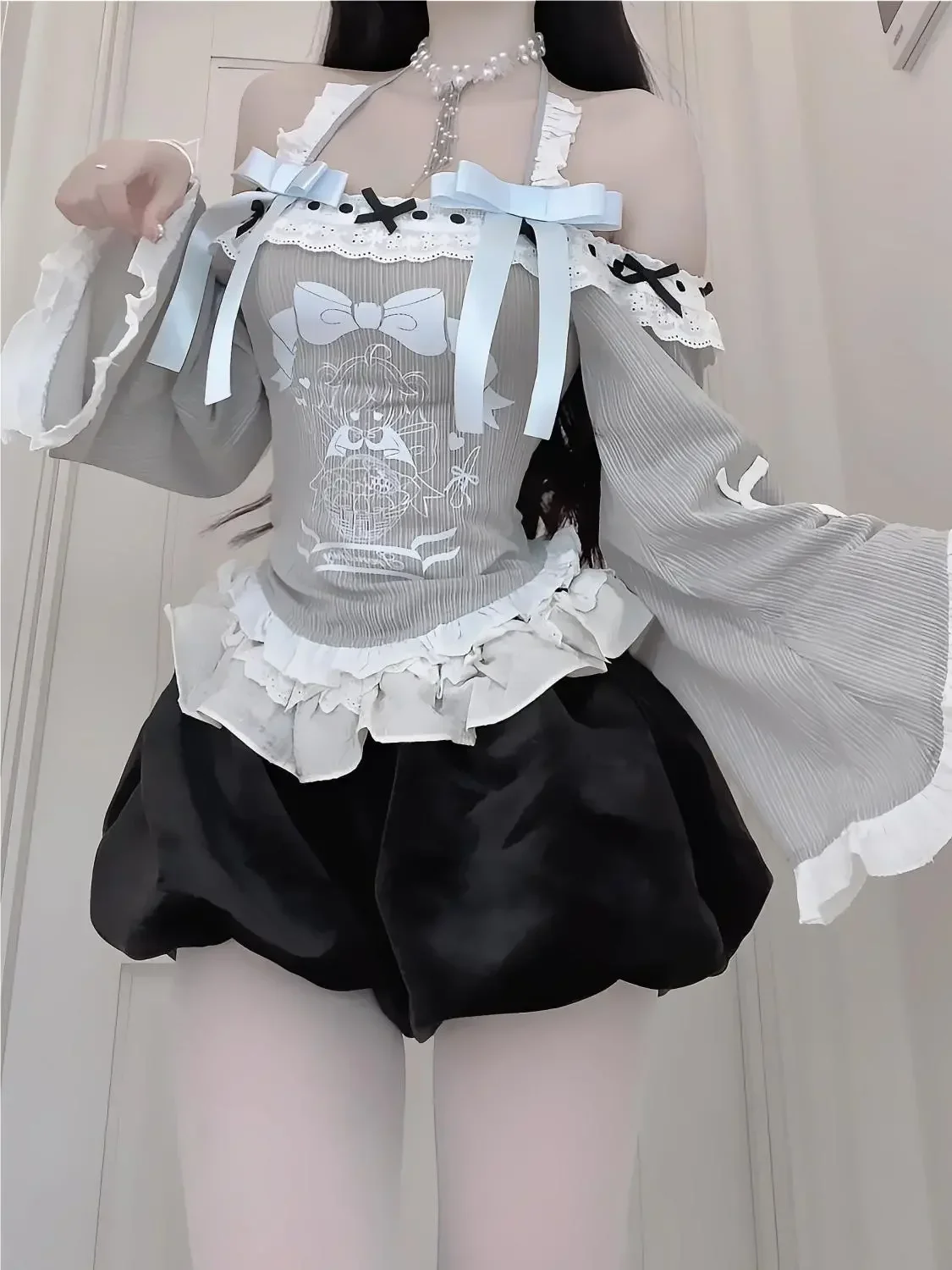 Japanische Y2k Elegante Neue 2-teilige Sets Frauen Grau Mit Kapuze Design Harajuku Mini Rock Anzug Weibliche Bogen Korea Stil Chic Set 2025 Image