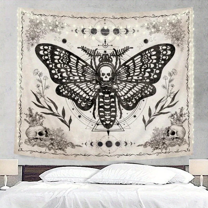 Gothic Moth Halloween Wandteppich Totenkopf Blumenmuster Polyester Vintage Witchy Design Wanddekoration Schlafzimmer Wohnzimmer Kunst Geschenk Image