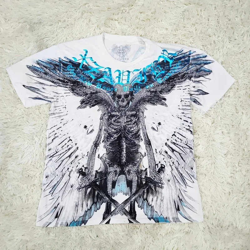 Xavier Y2K Gothic Angel Skull Print T-Shirt Herren Damen Blau Schwarz Strass Grafik Streetwear Sommer Casual Tee Trendy