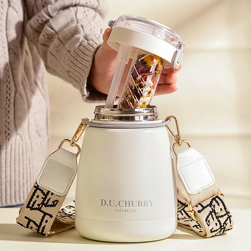 Isolierung Tasse Damen Große Kapazität Wasser Tasse kinder Stroh Net Red Topf Bauch Tasse Edelstahl Wasser Flasche mit stroh Image