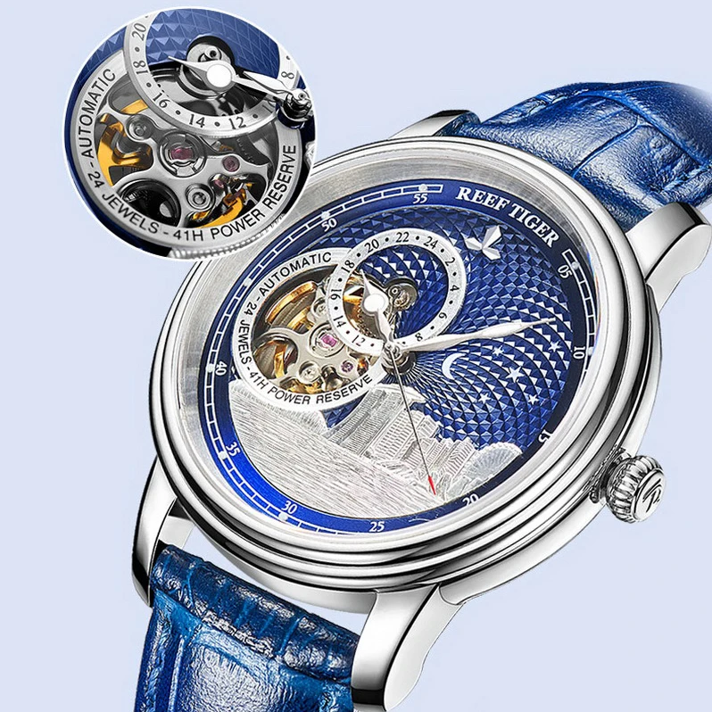 Reef Tiger Damen-Automatikuhr, luxuriöse Damenuhren, selbstaufziehend, mechanische Armbanduhr, wasserdicht, Saphir-Skelett-Zifferblatt, 24-Stunden-Uhr Image