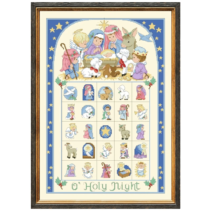 Heilige Nacht Adventskalender Kreuzstich-Sets 18ct 14ct 11ct hellgelb Aida Stoff Baumwolle Seidenfaden Stickerei Bastelset Image