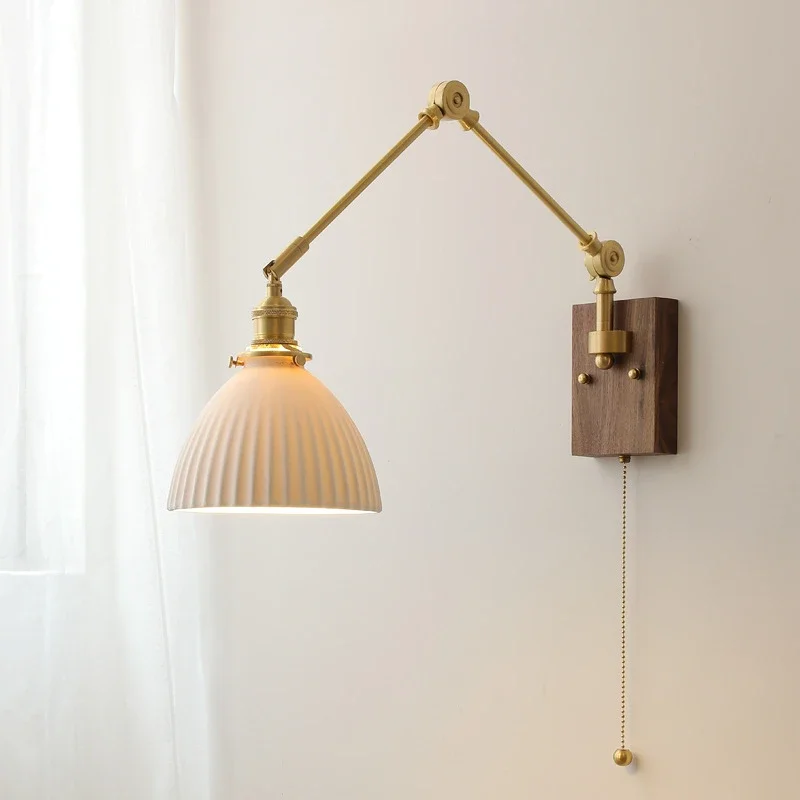 Japanische Vintage Zugkette Schalter LED Wandleuchten Wandleuchte Oben Und Unten Kupfer Schaukel Lange Arm Keramik Lampenschirm Nordic Moderne Lampen
