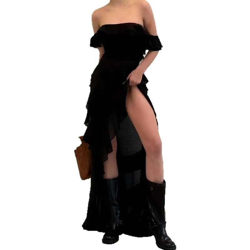 2023 neue Off Schulter Rüschen Unregelmäßige Kleid Frauen Elegante Dünne Solide Backless Lace Up Kleider Sommer Mode Chic Strand Roben