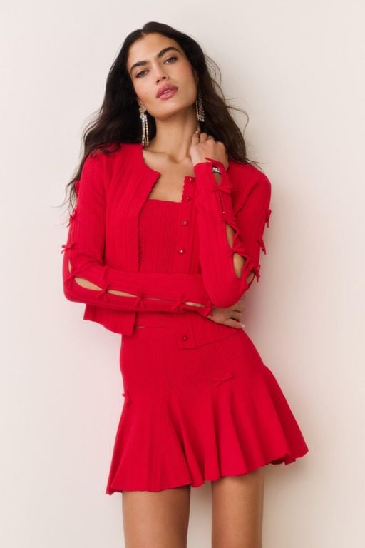 Zoriah Rib Pointelle Knit Cardigan For - Red - LoveShackFancy Knitwear