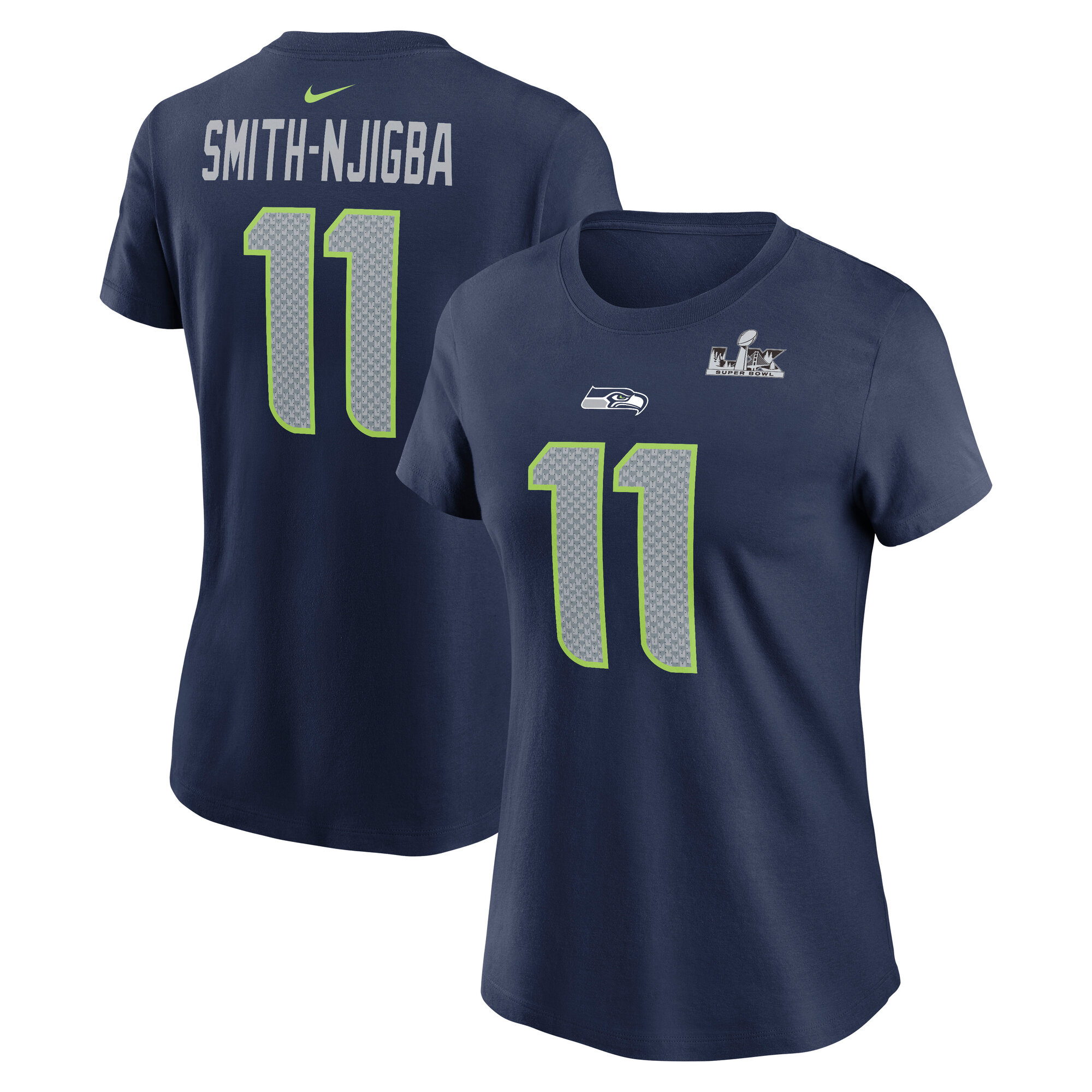 Nike Damen-T-Shirt mit Jaxon Smith-Njigba College-Aufdruck, marineblauem Seattle Seahawks-Motiv und Super Bowl LX-Aufnäher (Name & Nummer) Image
