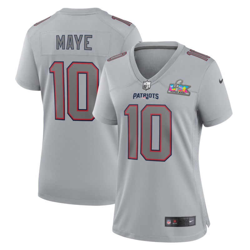 Nike Damen-Trikot mit Drake Maye-Logo, silbernem New England Patriots-Aufnäher, Super Bowl LX-Design und modischem Design Image