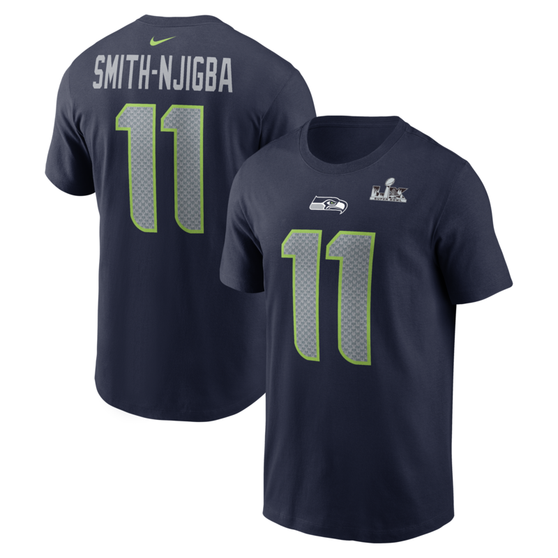 Nike Herren-T-Shirt mit Jaxon Smith-Njigba College-Aufnäher in Marineblau und Seattle Seahawks-Super-Bowl-LX-Aufnäher (Name & Nummer) Image
