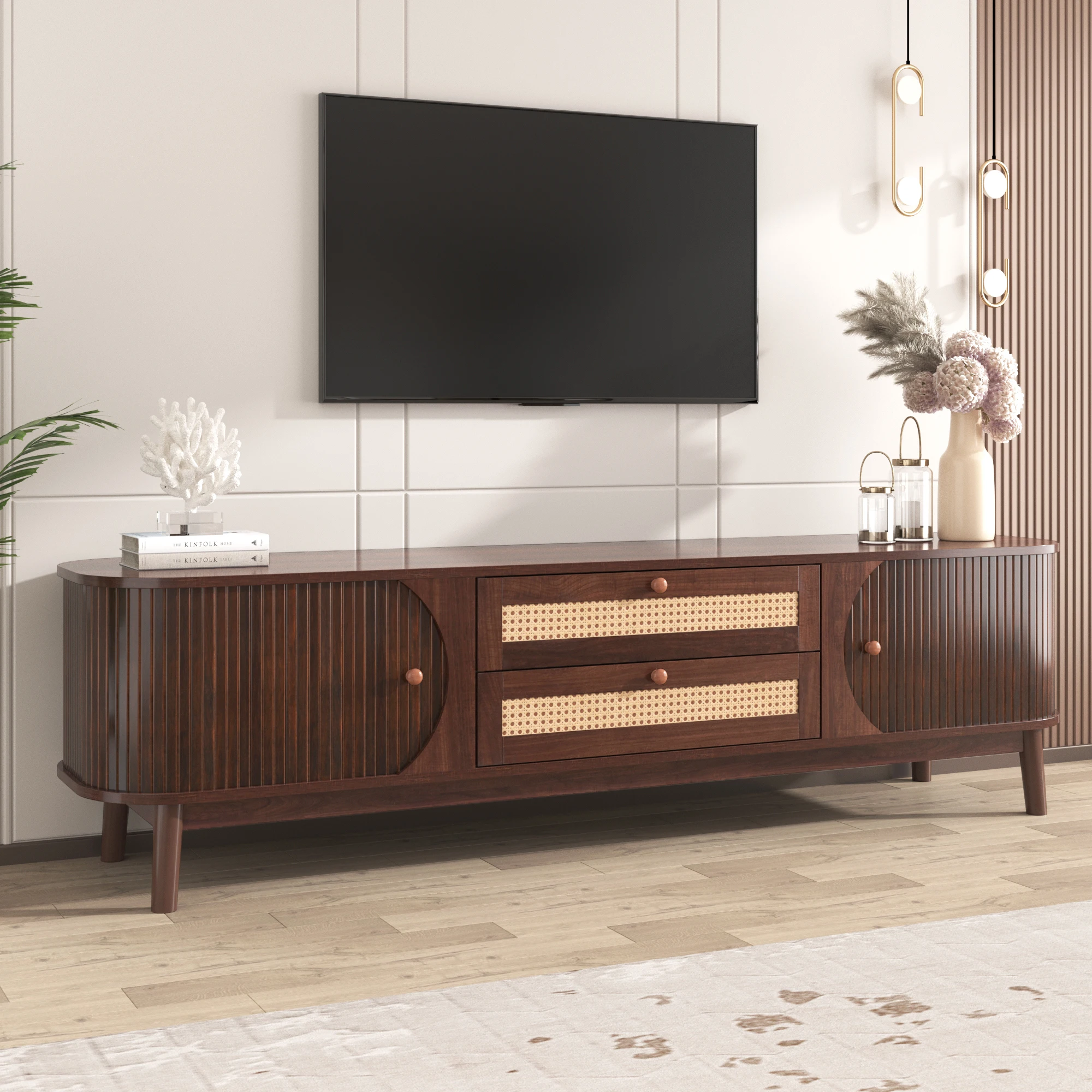 Meubles TV Comanlai 170×39.5×46 cm, meuble TV en bois naturel, meuble TV en rotin avec portes et 2 tiroirs de rangement, MDF