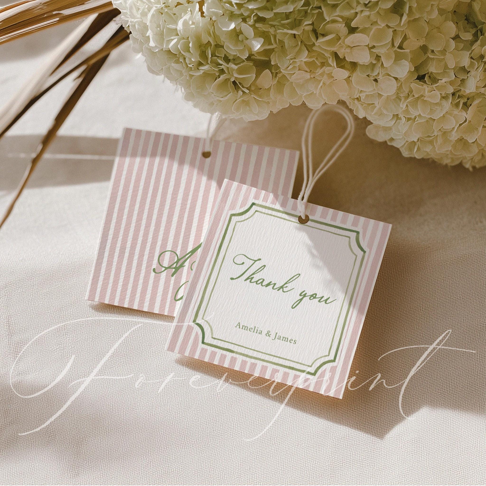 Modello di etichetta di ringraziamento a righe rosa, etichetta di ringraziamento modificabile, etichetta regalo stampabile per matrimonio, baby shower