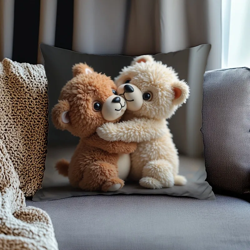 Kuschelter, elastischer Teddybären-bedruckter Kissenbezug für einen warmen und bezaubernden Schlafensofa-Kissenbezug, Heimdekoration, 2D-Druck Image