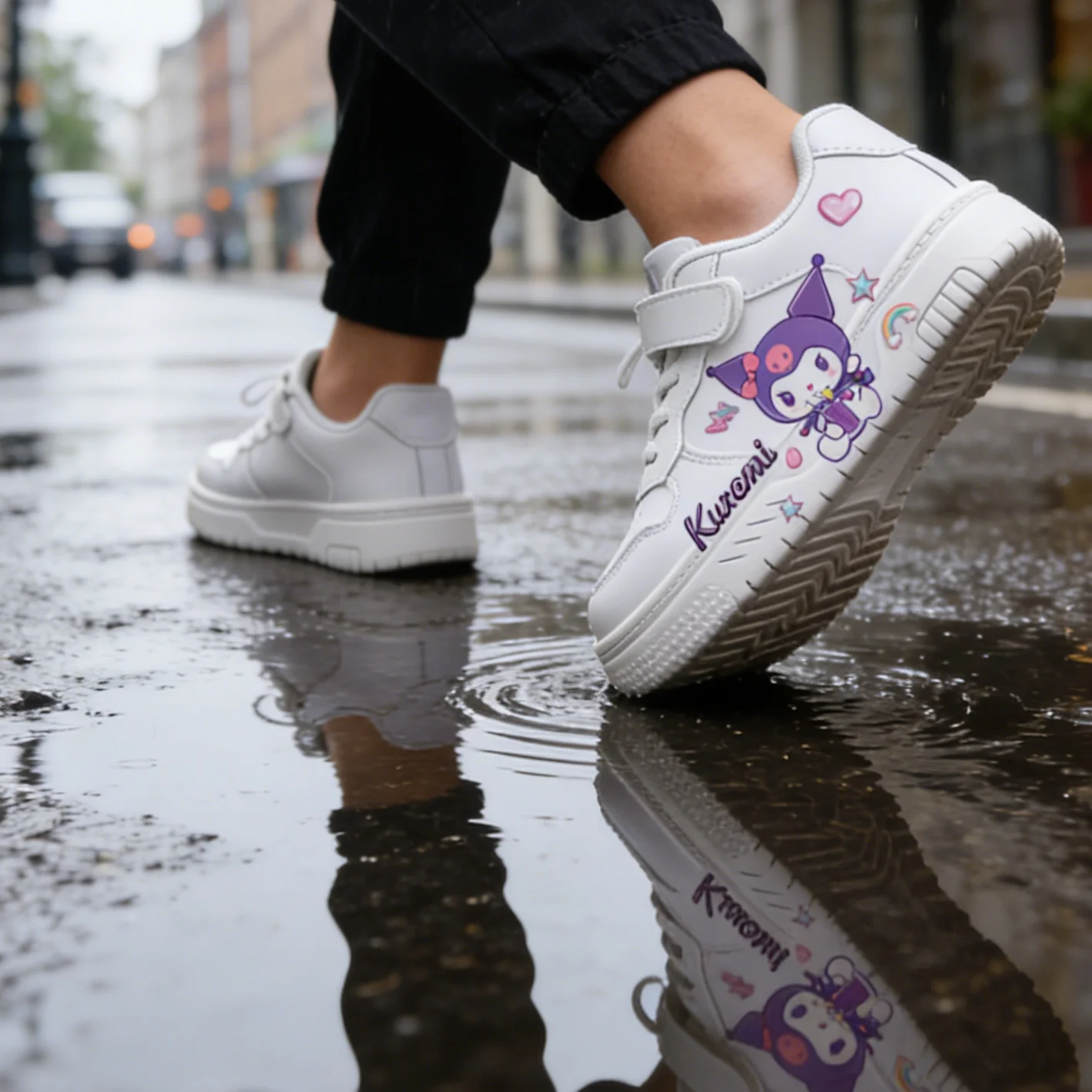 Kids'Casual Schuhe Sneakers PU Leder Kuromi Cartoon Frühling Schuhe Für Mädchen Klett Dicken Boden Anti-slip Weiße Schuhe größe 26-35