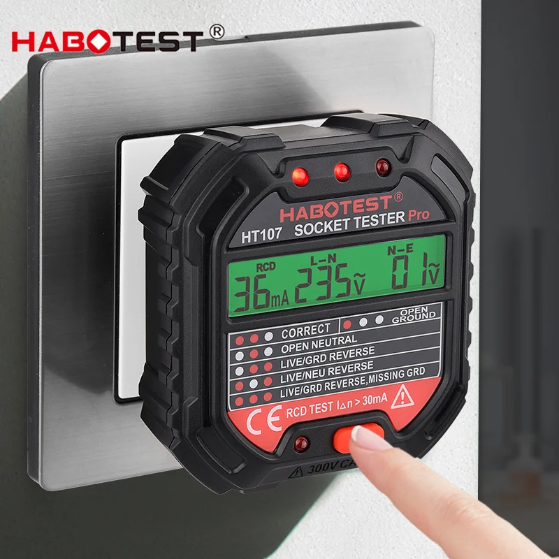 HT107 Digitaler Steckdosentester Pro Spannung 30 mA & 5 mA RCD-Test Smart Detector EU US UK Stecker Ground Zero Line Polarität Phasenprüfung Image