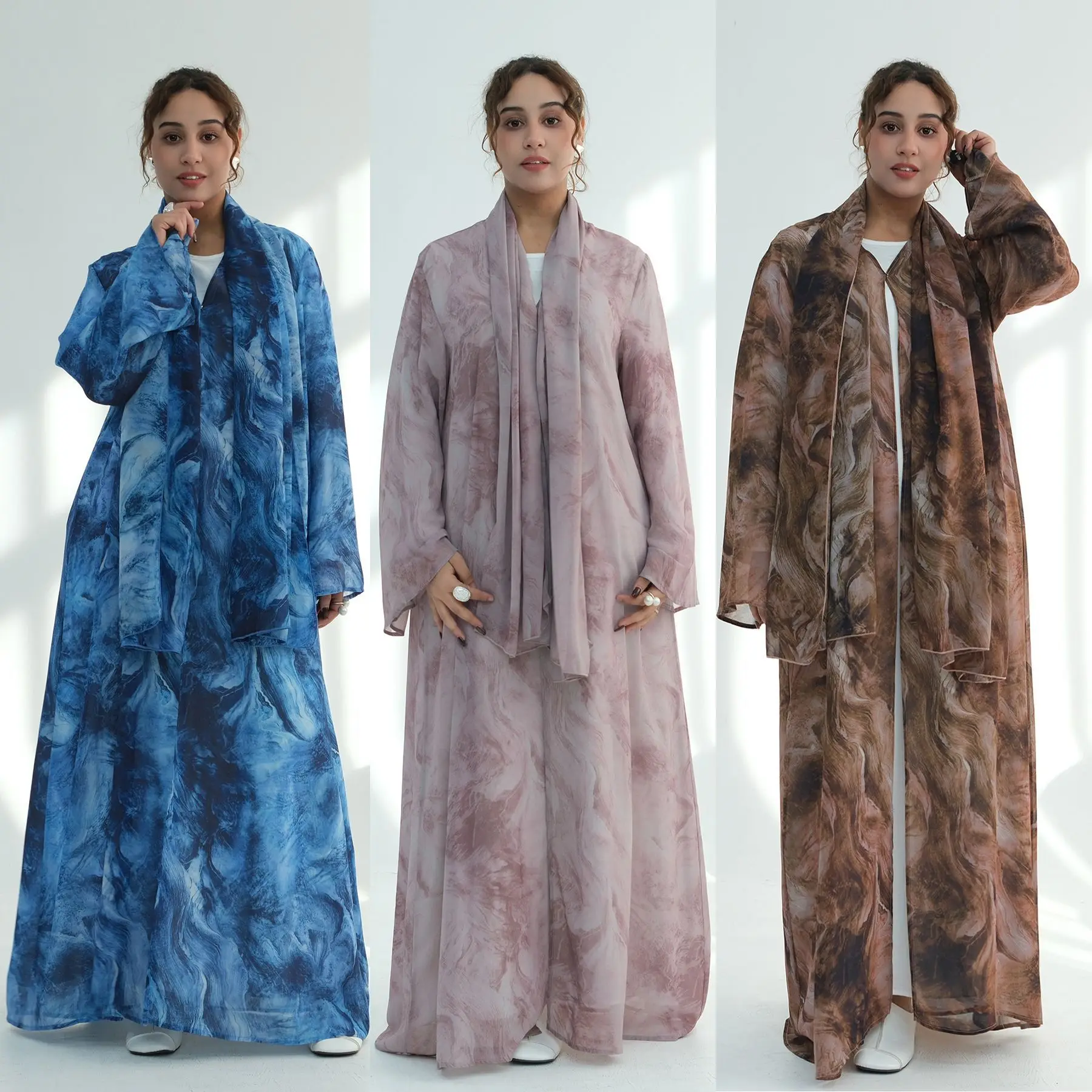 Eid Damen Abaya Schal Batik-Druck 2-teiliges Set Hijab Offenes Kleid Muslimische Jalabiya Ramadan Vestidos Largos Party Arabisches Gewand Kaftan Image