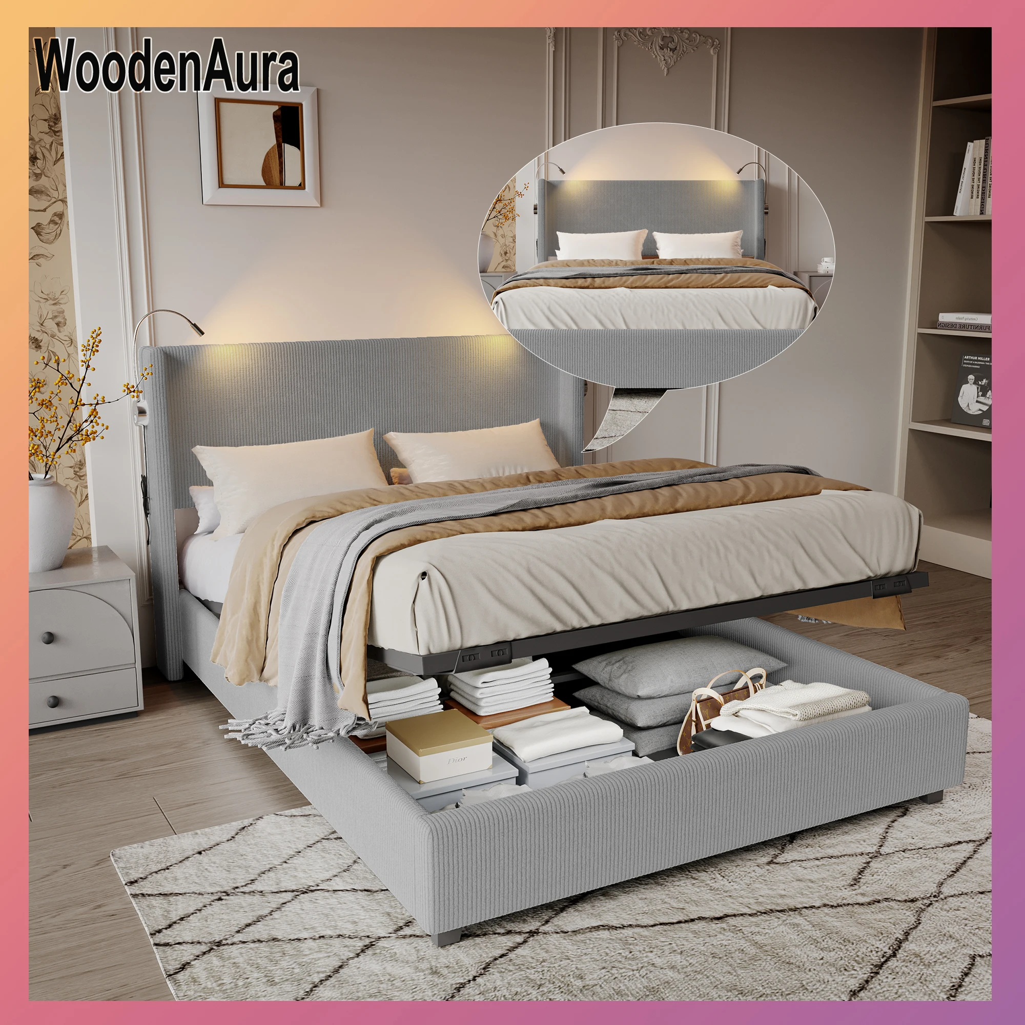 Polsterbett 140x200 cm, Doppelbett mit Lattenrost und Leselampe, Polsterbett mit Cordoberfläche, Stauraumbett im hydraulischen