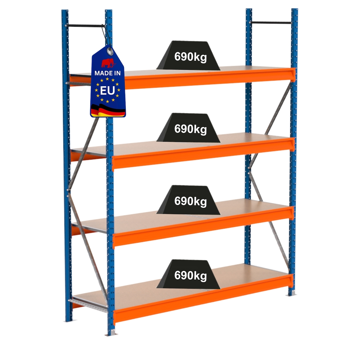 PROREGAL Industrie Schwerlastregal MAXIMUS PRO, Grundregal, HxBxT 250x200x60cm, 4 Ebenen, Spanplatten-Fachboden, Fachlast 690 kg, Blau/Orange Image