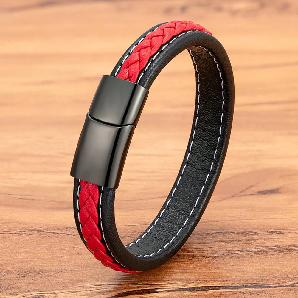 XQNI Schwarz & Rot Geflochtenes Seil Lederarmband Herren Edelstahl Charm Schmuck Armreif für Freund Paar Geburtstag Neujahr Geschenk Image