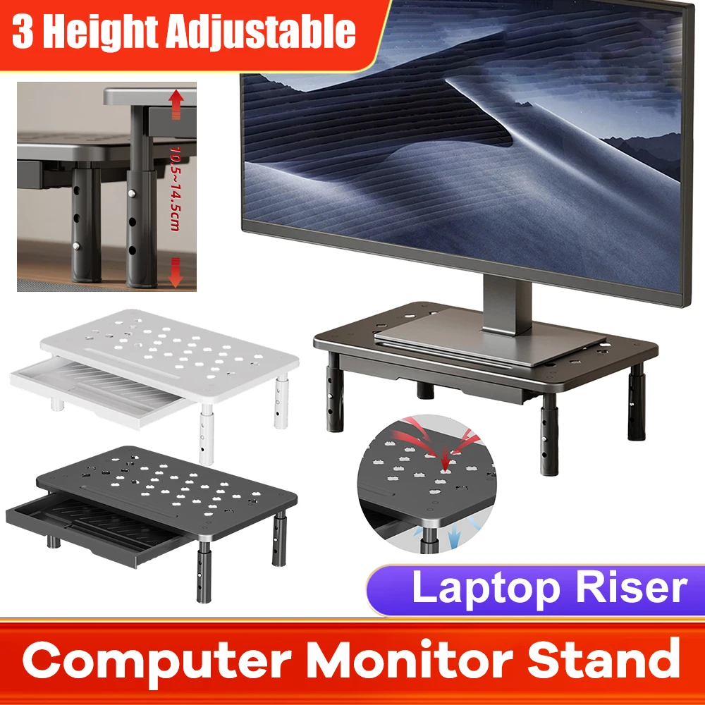 3-höhenverstellbarer Laptop-Riser mit Schublade und Luftstromöffnungen, Computer-Monitorständer, Monitore, Erhöhungen für Laptops, PC-Drucker Image