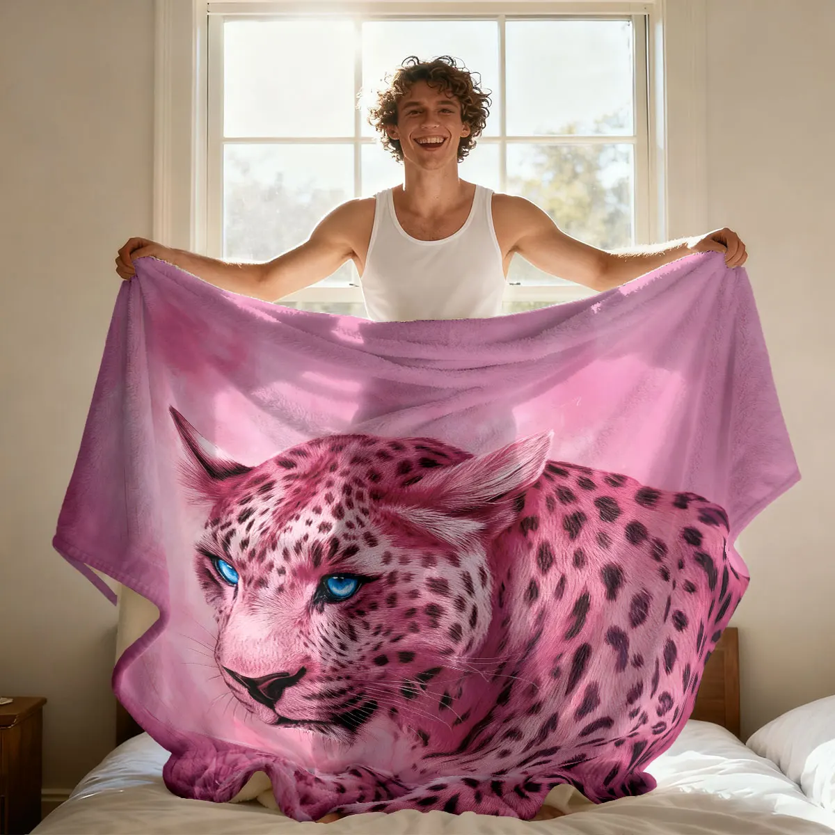 1-teilige rosa Flanelldecke mit Leoparden-Tiermuster in mehreren Größen, weich und bequem für Nickerchen und Freizeit, maschinenwaschbar