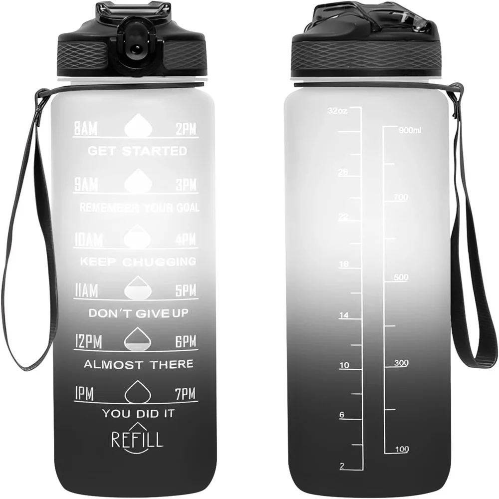 1 Stück 1000ml Wasserflasche mit Zeitmarkierung zum Trinken und Strohhalm, Motivierende Sportflasche mit Trageriemen für Büro, Fitness, Unterwegs Image