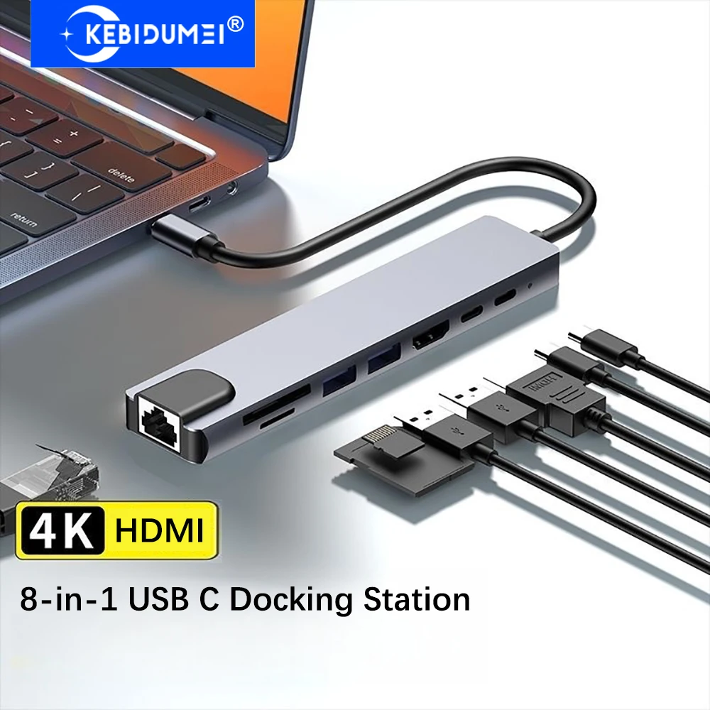 KEBIDUMEI 8-in-1 USB-C Dockingstation USB 3.0 Hub 5Gbps Übertragung USB-C HUB TYP-C zu 4K HDMI 100Mbps RJ45 PD Adapter Image