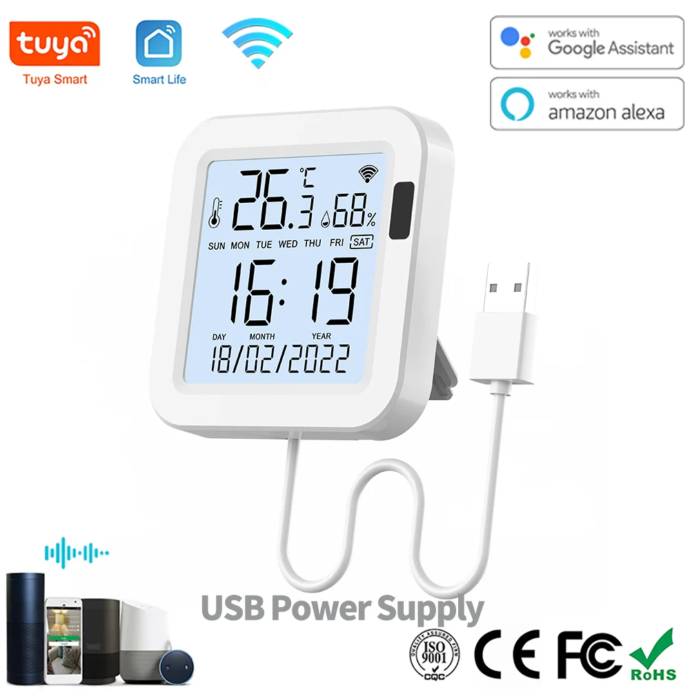 Tuya Smart WiFi Temperatur- und Feuchtigkeitssensor mit USB-Stromversorgung, Echtzeit-Display mit Hintergrundbeleuchtung, kompatibel mit Alexa Google Assistant Image