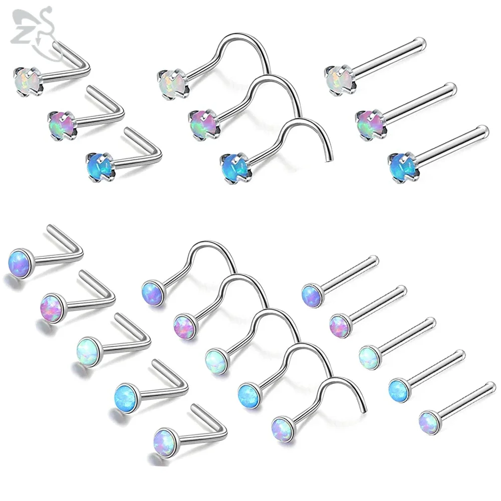 ZS 3-5 teile/los Edelstahl Nasenpiercing Set Bunte Opal Nasenstecker Retainer Pin L Form 2 MM Nasenloch Piercing Schmuck 20g Image