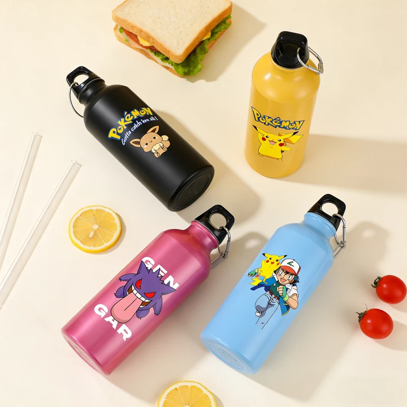 Kawaii Gengar Pikachu Outdoor-Sport Aluminium-Wasserflasche Tragbare Wasserflasche mit Karabinerhaken Kleiner Mundöffnung Einwandige Trinkflasche Image