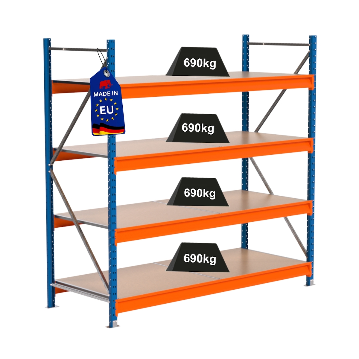 PROREGAL Industrie Schwerlastregal MAXIMUS PRO, Grundregal, HxBxT 200x200x80cm, 4 Ebenen, Spanplatten-Fachboden, Fachlast 690 kg, Blau/Orange Image