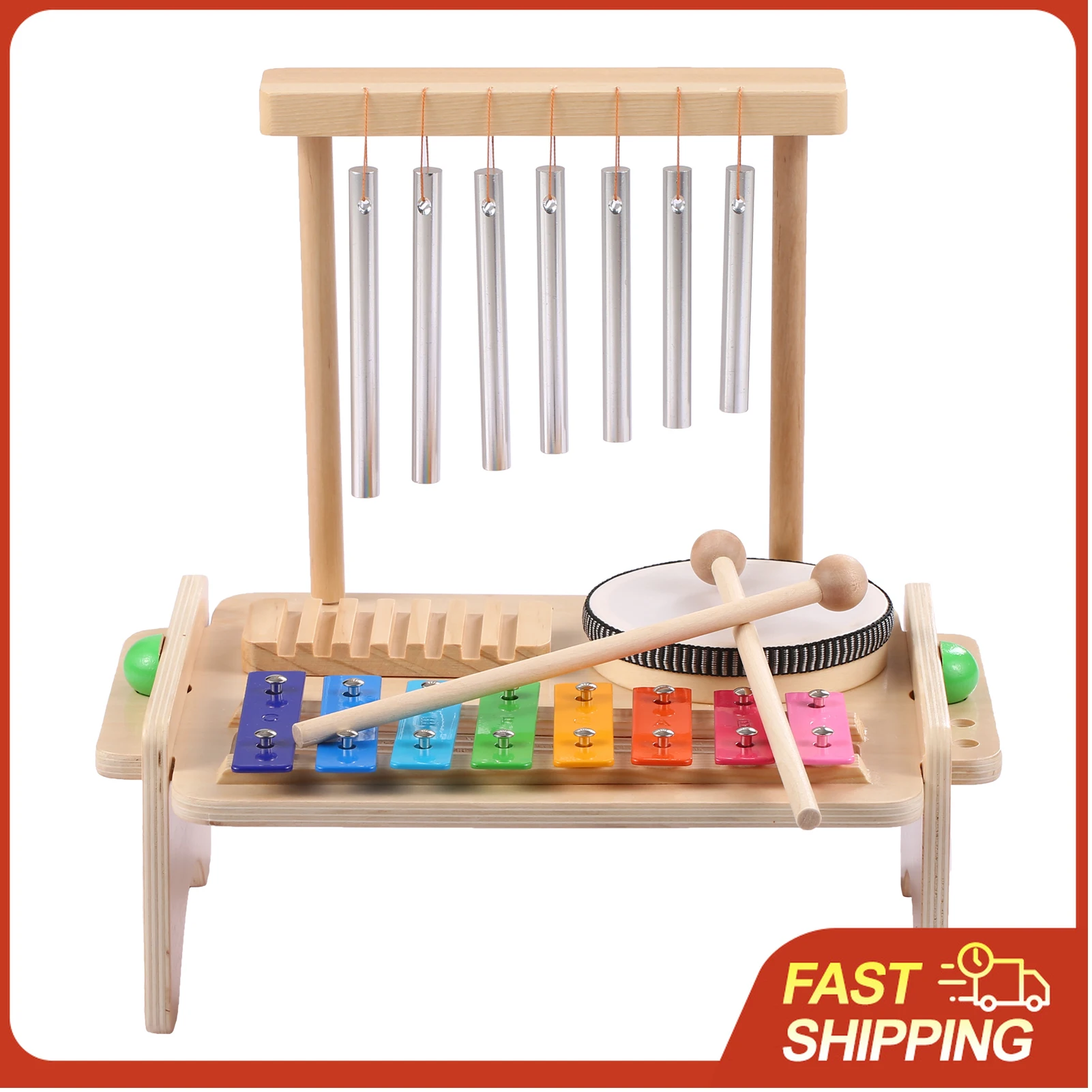 4-in-1 Kinder-Schlagzeug-Set Musik-Tisch Xylophon Windspiele Holz-Musikinstrument Lernspielzeug für Frühkindliche Entwicklung