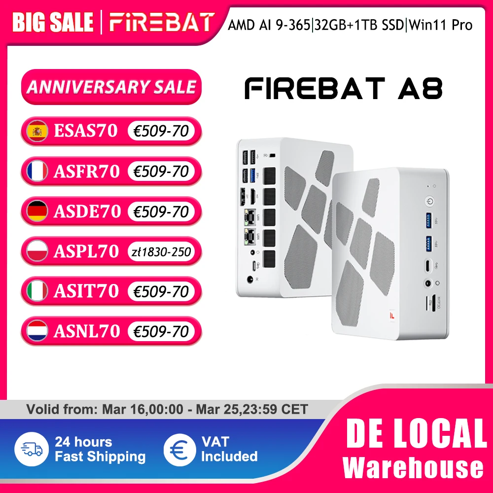 Firebat Mini-PC A8 Gamer mit OCuLink AMD Ryzen AI 9 365 USB4*2 DDR5*2 PCIe4*2 32 GB 1 TB Windows 11 Pro WiFi6 Gaming-Computer