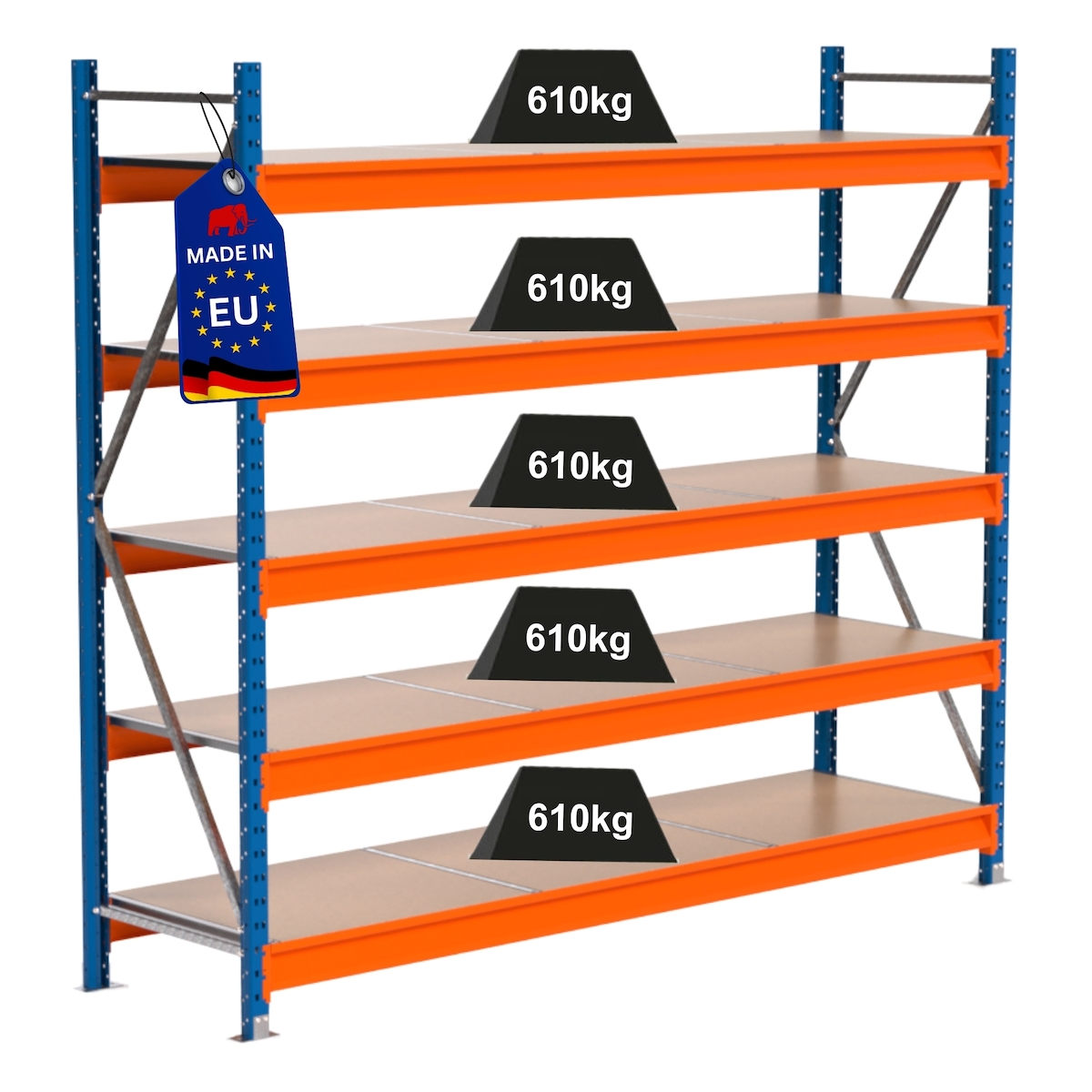 PROREGAL Industrie Schwerlastregal MAXIMUS PRO, Grundregal, HxBxT 200x225x60cm, 5 Ebenen, Spanplatten-Fachboden, Fachlast 610 kg, Blau/Orange Image