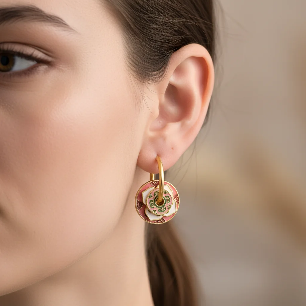 18 Karat vergoldete Emaille-Ohrringe mit Lotusblüten – Vintage-Creolen im böhmischen Stil für Damen, täglicher Ohranhänger Image