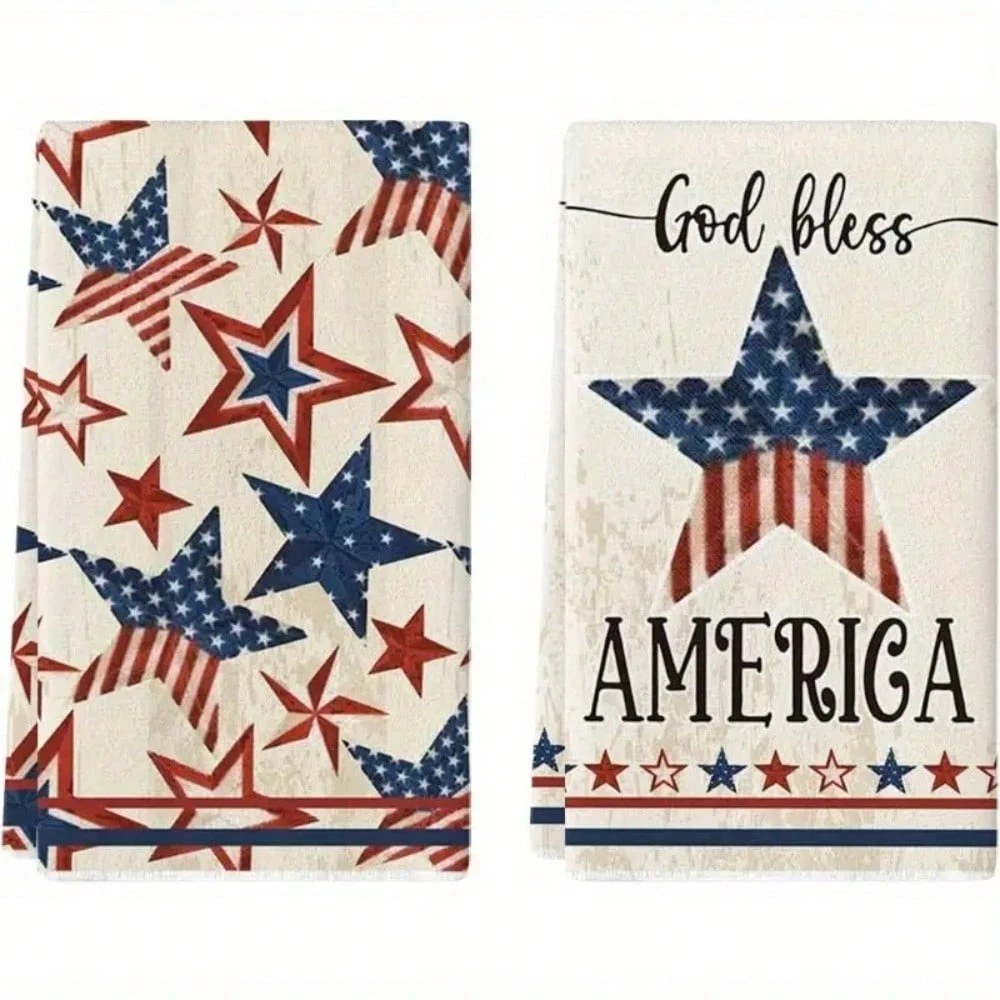 2-teilige Handtücher mit amerikanischer Flagge und Sternenmuster | Weiche wiederverwendbare Geschirrtücher | Maschinenwaschbar | Küchendekoration und Reinigungstücher Image