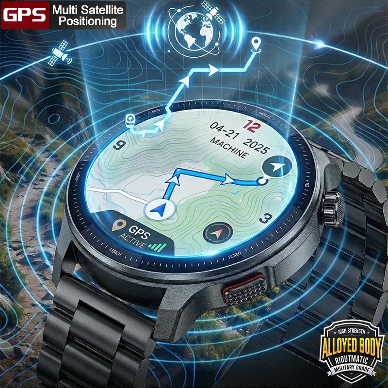 Neue GPS Offline-Karten Smartwatch für Herren mit Speicher, 3D-Menü-Stilen, TWS MP3&MP4-Player, 1,43 Zoll AMOLED, Kompass, Sport-Schwimmfunktion, wasserdichtes Armband Image