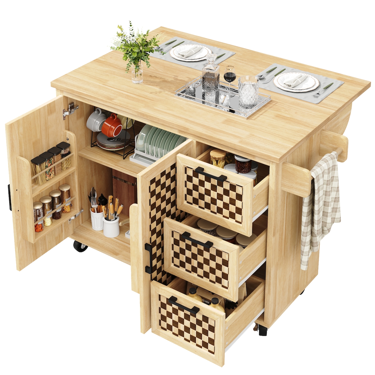 MODFU Kücheninsel Küchenwagen ausklappbar Naturholz 92x130x75 cm mit Rollen, 3 Schubladen, 2 Türen, Handtuchhalter, Türregale, MDF, Metall Image