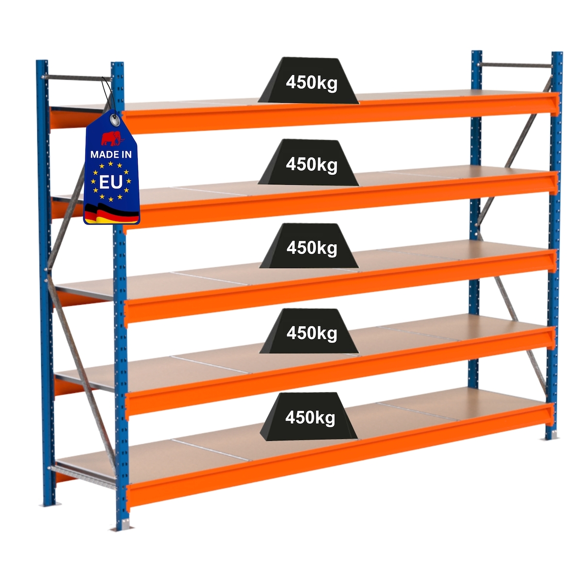 PROREGAL Industrie Schwerlastregal MAXIMUS PRO, Grundregal, HxBxT 200x275x60cm, 5 Ebenen, Spanplatten-Fachboden, Fachlast 450 kg, Blau/Orange Image