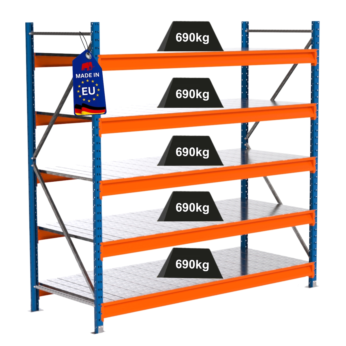 PROREGAL Industrie Schwerlastregal MAXIMUS PRO, Grundregal, HxBxT 200x200x80cm, 5 Ebenen, Stahlplatten-Fachboden, Fachlast 690 kg, Blau/Orange Image