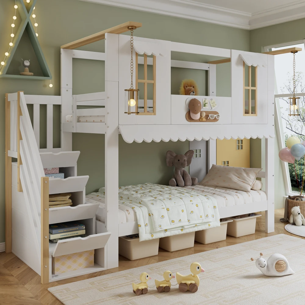 90x200cm Hochbett mit Stauraum-Treppe und Exquisitem Fenster, Wellenförmiger Dachkante, Kinderbett mit 2 Filzstücken zum Dekorieren Image