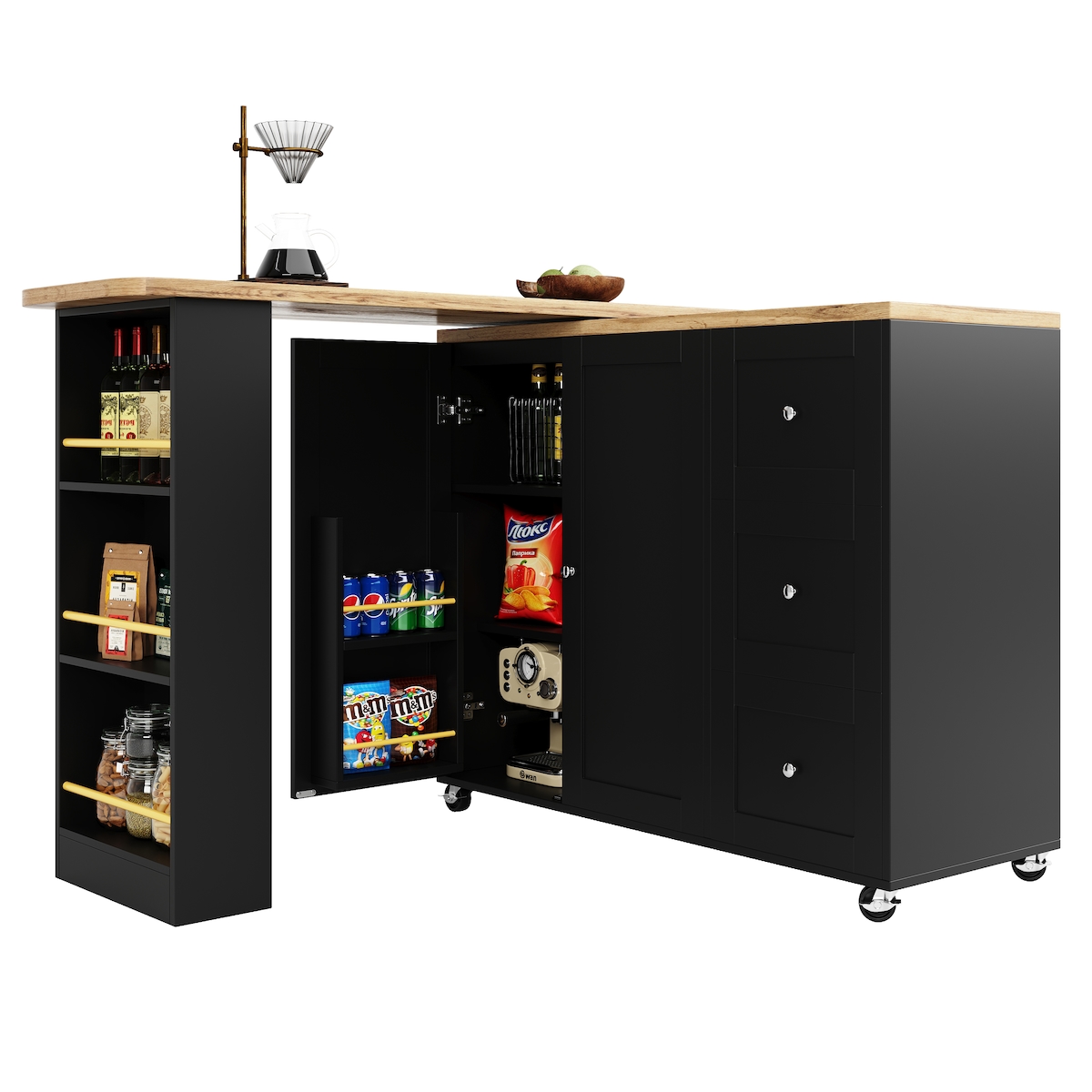 MODFU Bartischschrank mit Rollen Schwarz 203x39x106 cm aus MDF 360 Grad drehbar mit 3 Schubladen 2 Türen Snackregal und Regalfächern Image