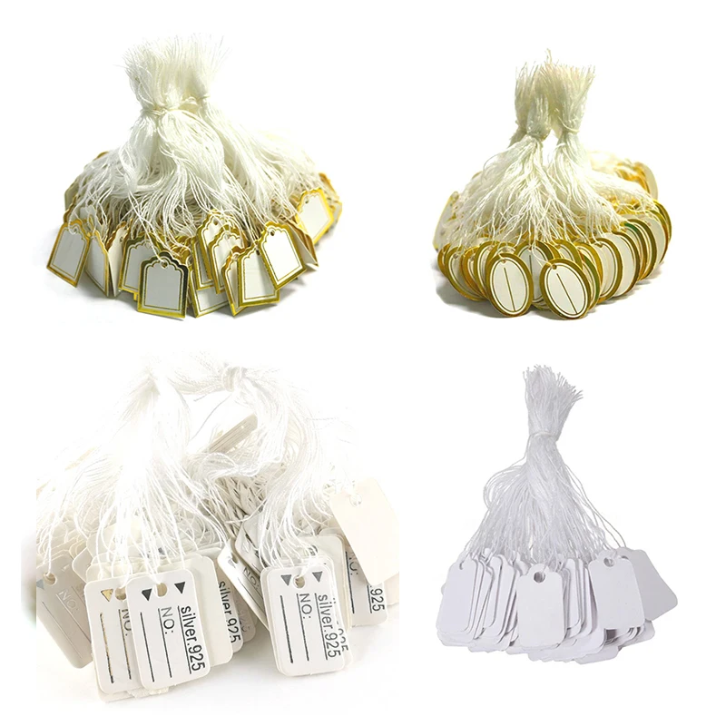 Schmuck-Etiketten, Visitenkarten, 100 Stück/Lot, Preisschilder, DIY-Krawatten-Schnur, Schmuck-Display-Etikett, Gold und Silber, kleines Etikett Image