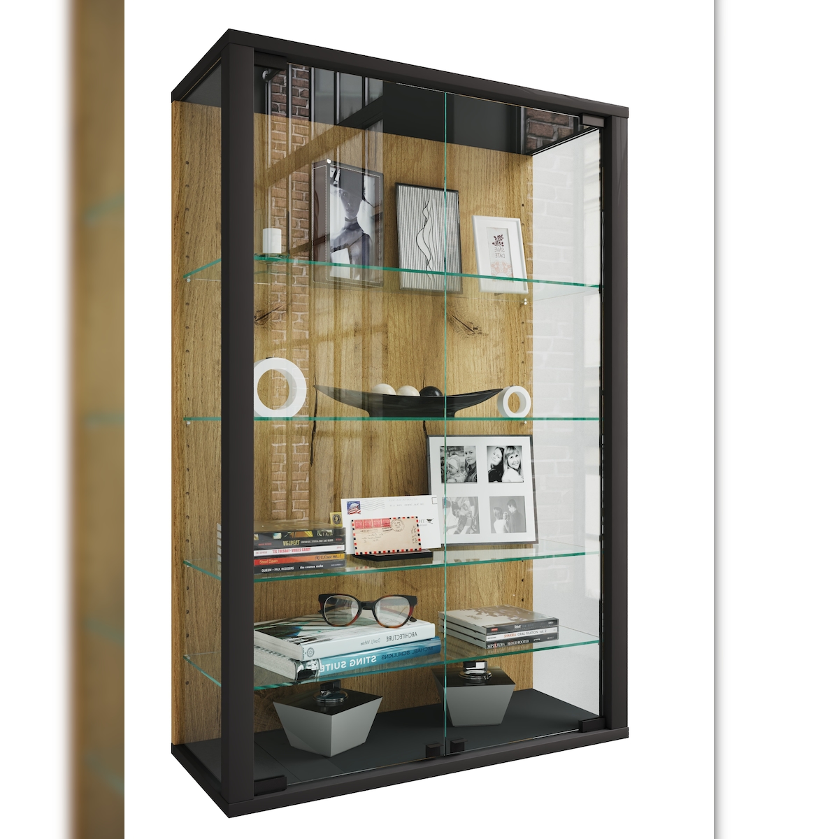 VCM Wandvitrine Udina Schwarz / Honig-Eiche H. 91 x B. 60 x T. 25 cm Image